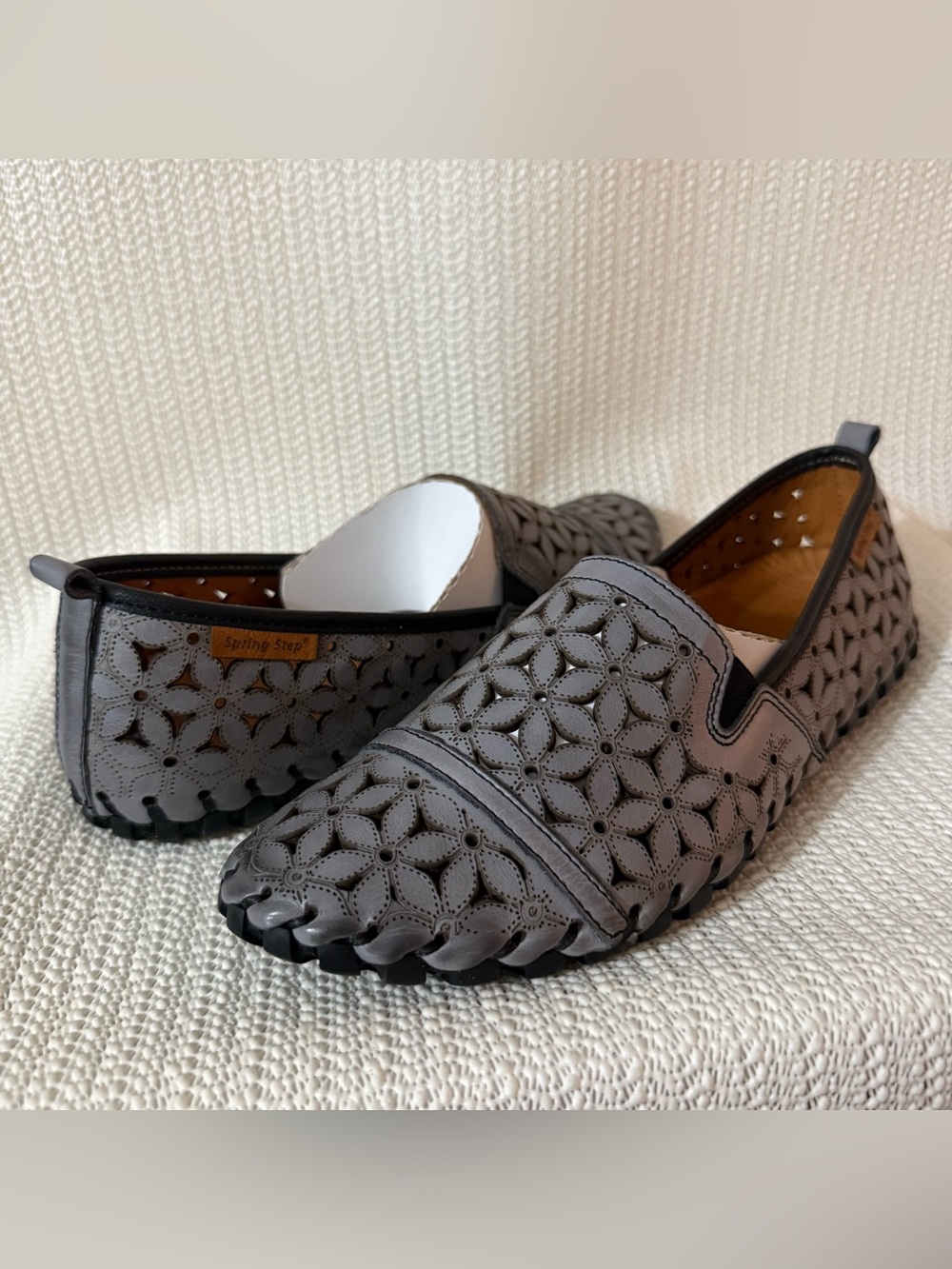 Spring Step Flowerflow Loafers Charcoal Gray Leather Slip On Shoes EU 38 New
